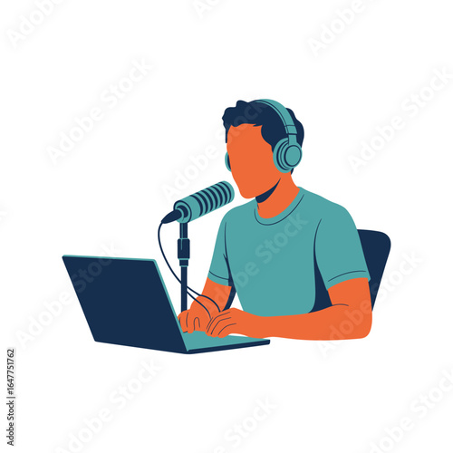 Person wearing headphones at a laptop with a microphone podcasting broadcasting