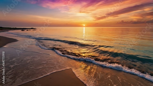 Stunning sunset paints the sky with vibrant colors, reflecting on the tranquil ocean waves, creating a breathtaking coastal landscape panorama