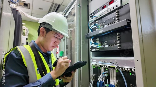 Network technician performing inspection on server equipment in data center using tablet device with safety helmet and vest ensuring maintenance and system reliability