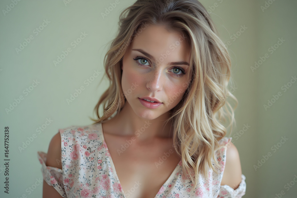 Woman Looking Directly at the Camera with Blonde Wavy Hair and Floral Dress Woman Looking Directly at the Camera with Blonde Wavy Hair and Floral Dress
