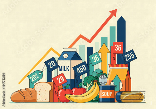 Rising food costs and inflation chart with groceries, bread, milk and eggs