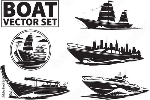Diverse boat collection captures travel, adventure, and cityscapes