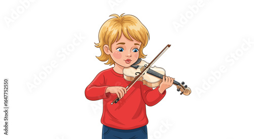 Charming cartoon illustration of a little boy diligently practicing the violin. Concept for children's music education and hobbies.