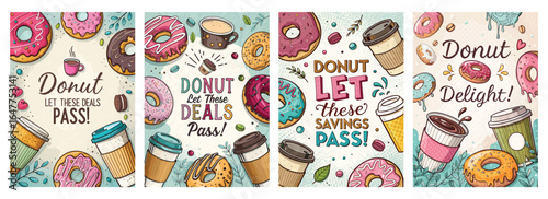 Colorful and fun donut-themed promotional artwork featuring coffee and pastries.