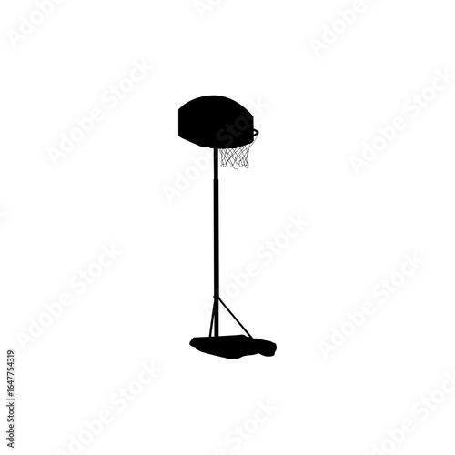 A clean, black silhouette of a basketball hoop and backboard against a white background.