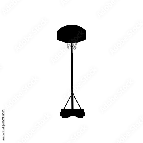 A simple, black silhouette of a basketball hoop against a white background.