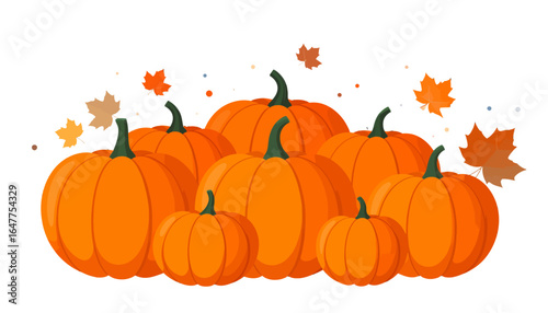 Vector illustration of a pile of orange pumpkins of different sizes with falling autumn leaves for a seasonal harvest festival design