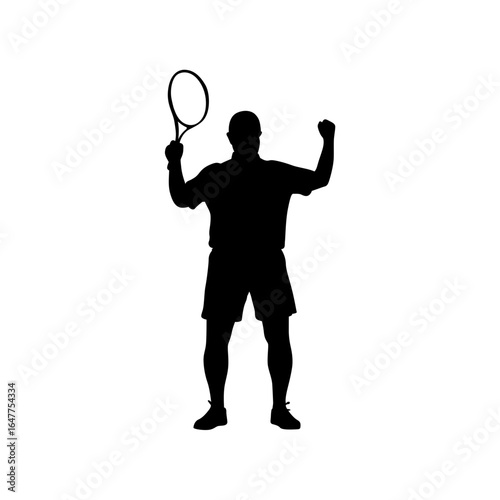 Full shot silhouette of a male tennis player holding a racket and celebrating with arms raised.