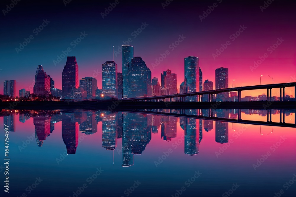 Fototapeta premium Vibrant city skyline reflected in water at dawn