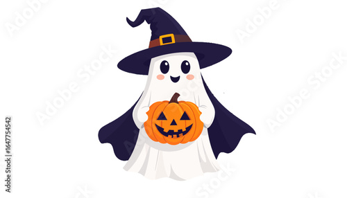 Charming spectral friend celebrates Halloween, a cute cartoon ghost in a witch's hat holding a smiling jack-o'-lantern.