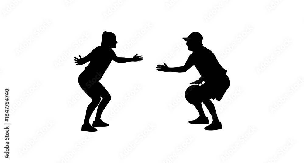 Fototapeta premium Silhouette of two individuals, likely athletes or competitors, positioned in a ready, confrontational, or engaged stance against a plain white background.