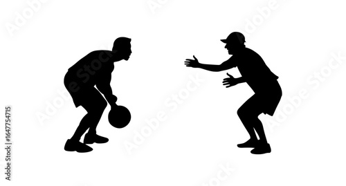 Two silhouetted figures, a player holding a basketball and a coach in a gesturing position, create a dynamic moment in a basketball game.