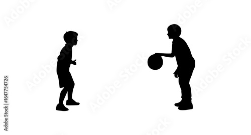 Two children are silhouetted against a white background, engaged in a basketball game.