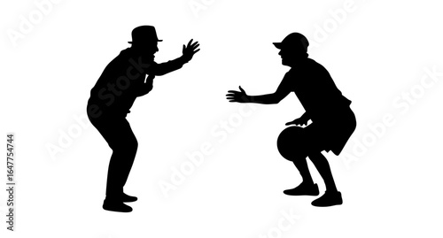 A dynamic silhouette of two individuals, likely coaches or teammates, interacting.