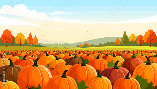 Scenic autumn landscape with a large pumpkin patch during the harvest season. A vibrant vector illustration of a fall farm field.