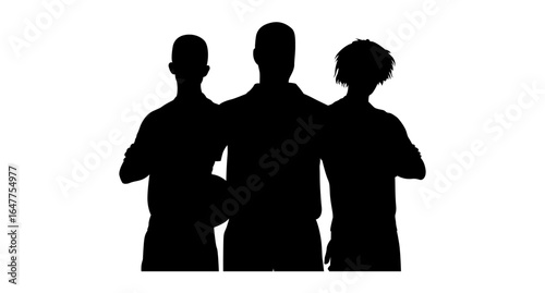 A powerful silhouette of three athletes, likely in a sports team, standing close together, arms around each other's shoulders.