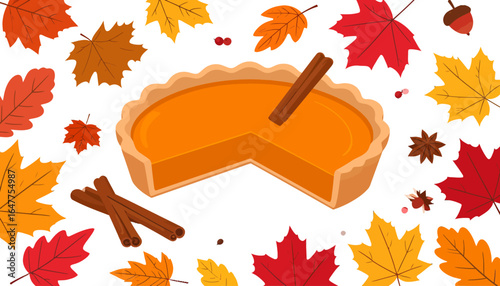 Illustration of a traditional pumpkin pie with cinnamon sticks, surrounded by colorful autumn maple leaves for a Thanksgiving celebration.