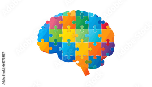 Mental health, neurology, and psychology concept. Brain shape made of colorful jigsaw puzzle pieces on a white background.