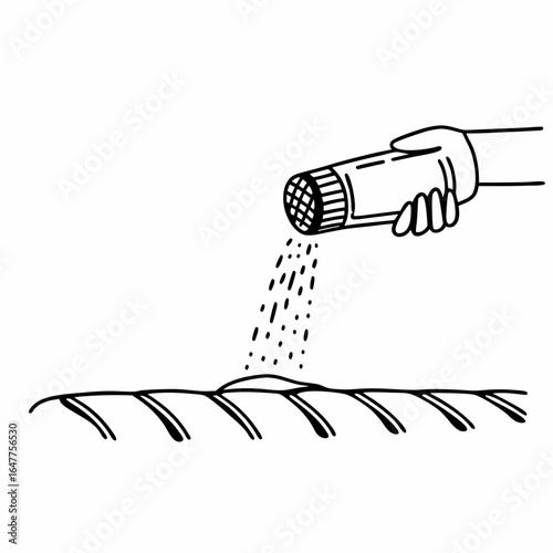 Illustration of a hand fertilizing the ground with a fertilizer isolated on white background