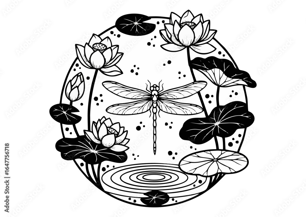 Fototapeta premium Dragonfly perched beautifully among lotus flowers above a serene pond