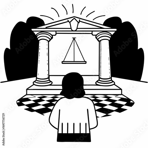 Masonic temple with woman isolated on white background, representing freemasonry and secret societies