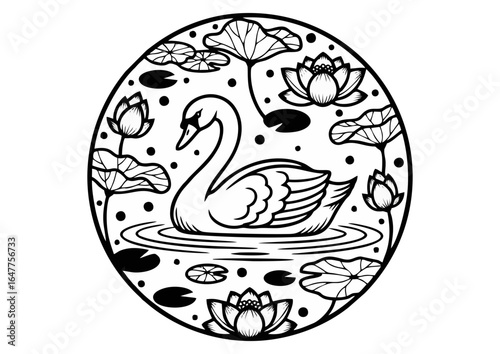 Graceful swan gliding gently on a serene lotus pond surrounded by flowers