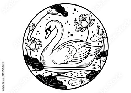 Graceful swan gliding gently on a serene lotus pond surrounded by flowers