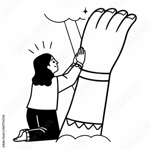A woman is praying to a giant hand in the sky isolated on white background