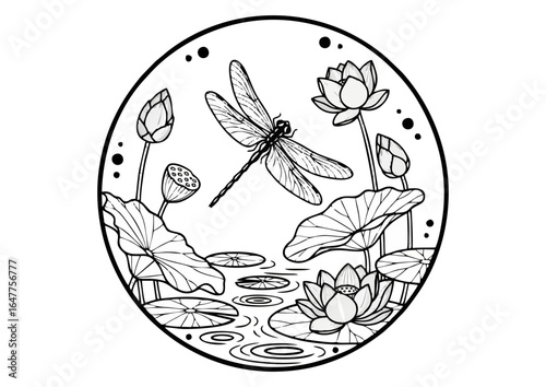Delicate dragonfly hovering gracefully above a tranquil lotus pond