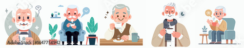 vector of a grandfather drinking coffee in the morning