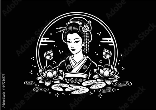 Elegant geisha standing gracefully among blooming lotus flowers in a tranquil pond