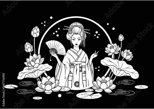 Traditional geisha holding a fan gracefully among lotus flowers in a serene pond