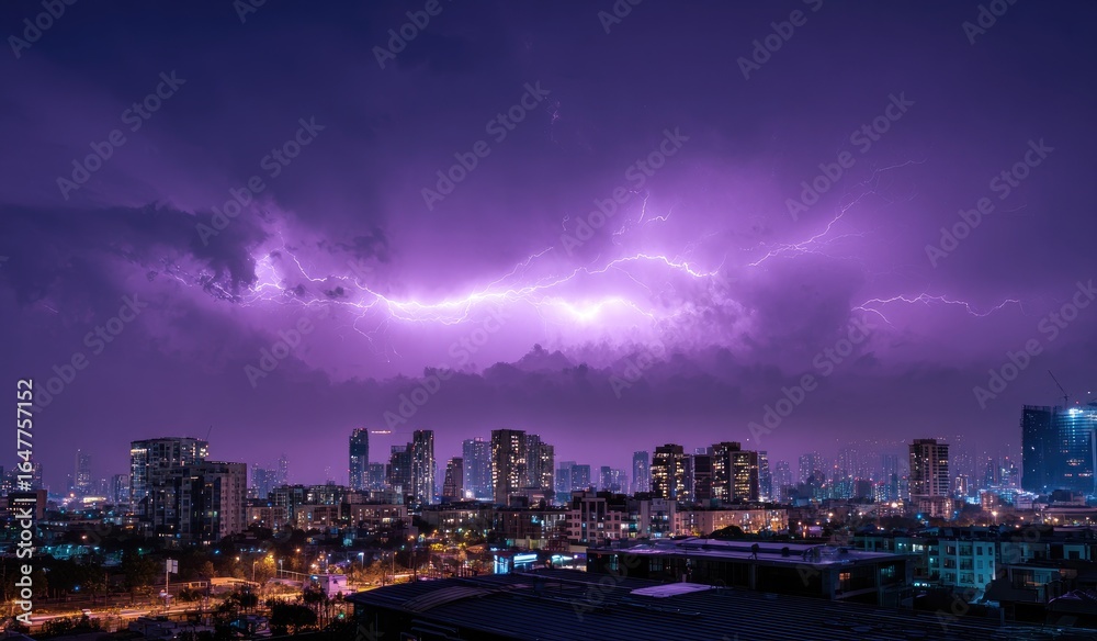 Fototapeta premium Cityscape at night under dramatic purple storm clouds