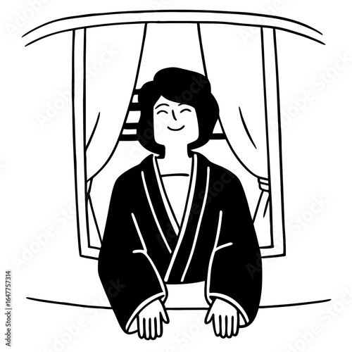 A smiling woman in a robe looks out the window, isolated on white background