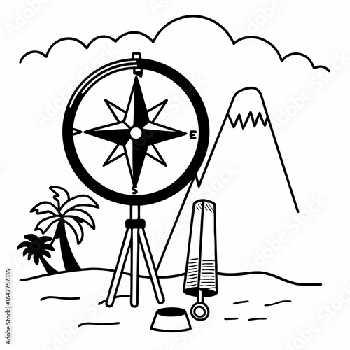 A compass stands on a tripod in a landscape with a mountain, isolated on white background