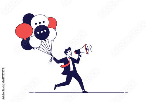 Man with megaphone and balloons announcing important news and spreading information widely to engage the audience