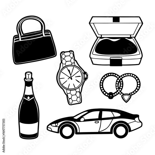 Luxury items representing wealth and success, including a car, watch, ring, and champagne isolated on white background