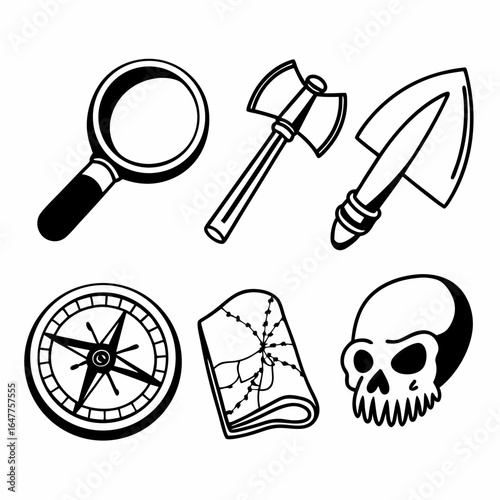 Archaeology tools and ancient artifacts in black and white isolated on white background