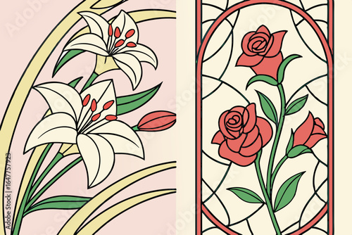 Art nouveau stained glass panel with lilies and roses