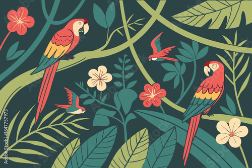 Colorful macaws and tropical flowers in a lush jungle scene