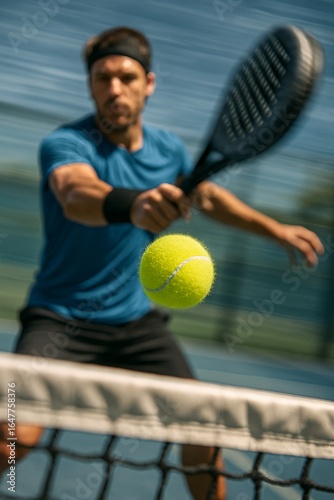 Dynamic padel tennis player powerfully hitting ball during intense match action shot