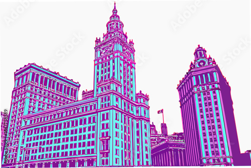 Stylized illustration of tall buildings with a vibrant purple and teal color scheme
