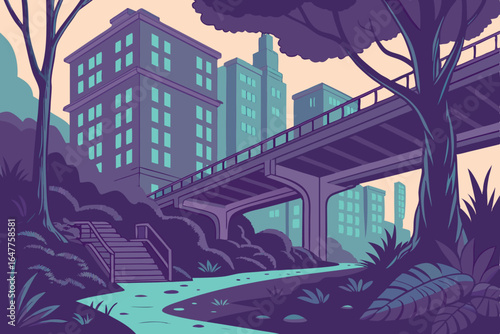 Urban landscape with elevated train track and city buildings