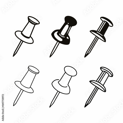 Illustration of six pushpins in different styles isolated on white background