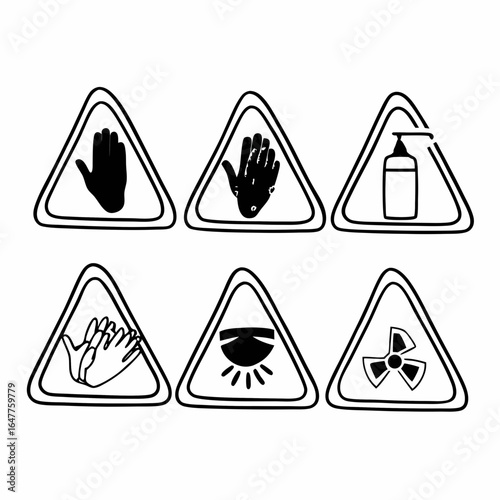 Collection of hygiene and warning symbols isolated on white background for health and safety measures
