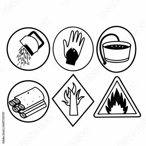Collection of fire safety and hazard symbols isolated on white background for emergency situations