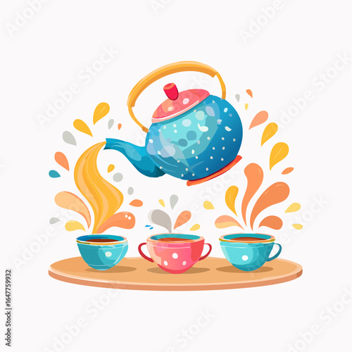 Vibrant cartoon teapot pouring colorful splashes of a hot beverage, a creative concept for a cheerful tea party illustration.