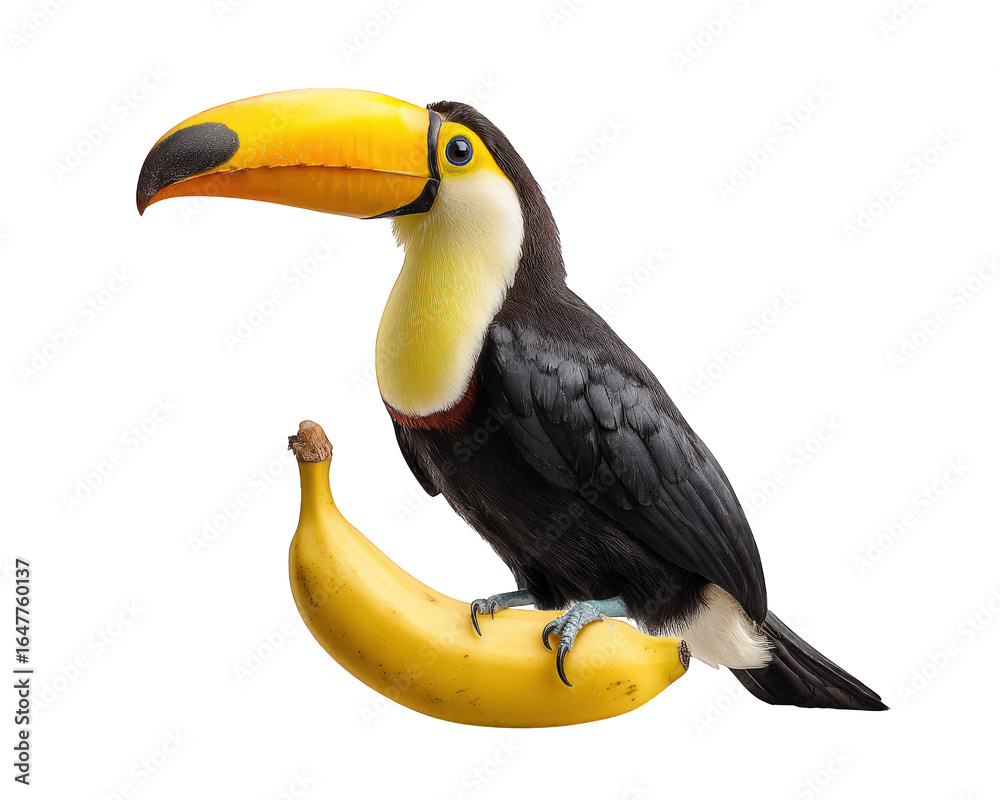 Obraz premium Toucan with vibrant yellow beak perched on ripe banana, photo realistic style, tropical bird, creative animal concept, isolated on transparency background