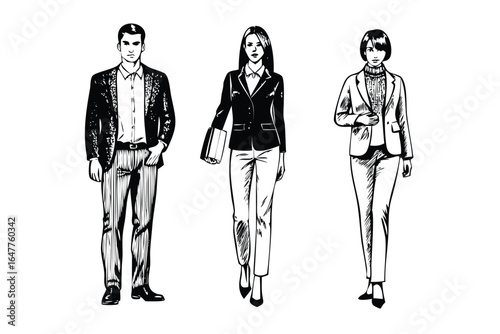 Business Casual Fashion Vector Set - Modern Office Style Engraved Illustrations
