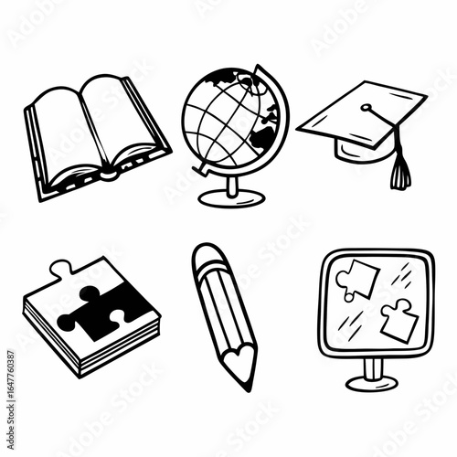Education icons representing learning, knowledge, and study, including books, globe, and graduation cap isolated on white background